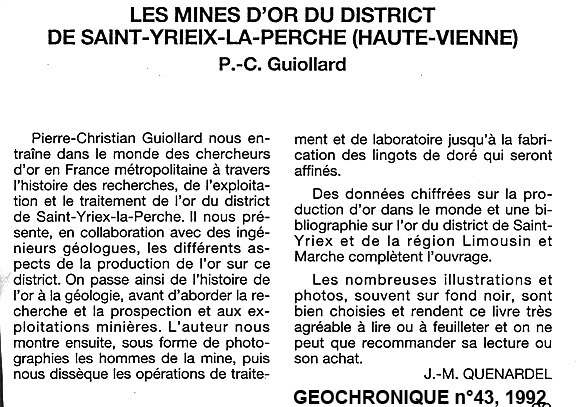 Note de lecture sur le livre les mines d'or du district de Saint-Yrieix-la-Perche- Géochronique n°43 1992