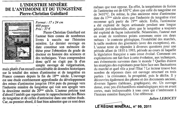 Note de lecture du livre l'Industrie minière de l'antimoine et du tungstène parue dans le Règne Minéral n°99, 2011