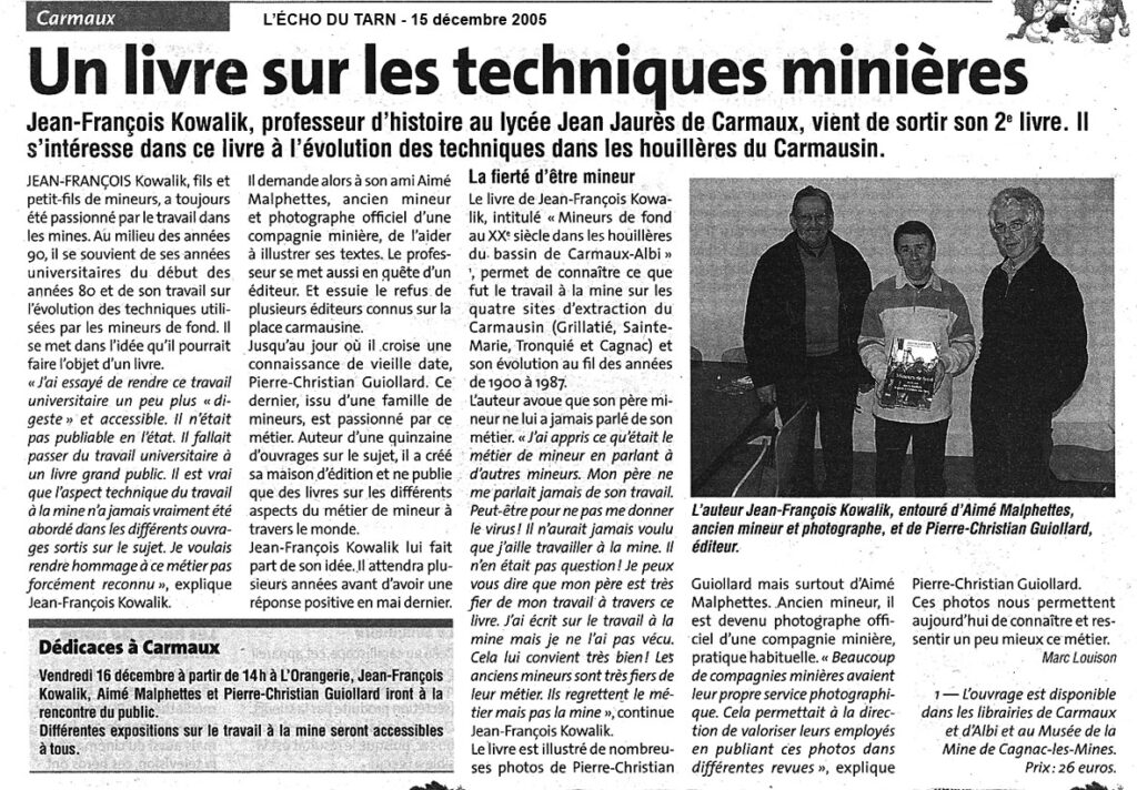 Note de lecture, Mineurs de fond dans les houillères du bassin de Carmaux-Albi - L'Echo du Tarn - 2005