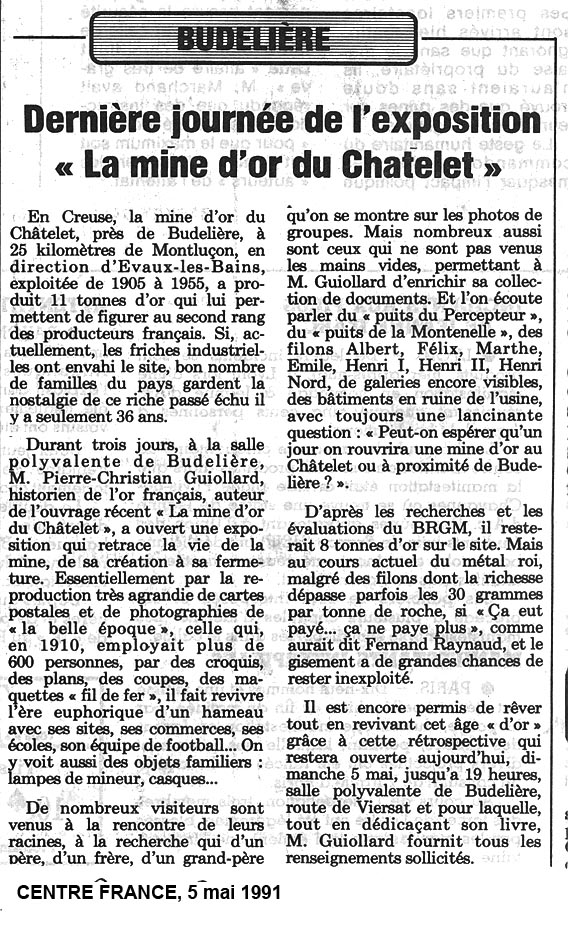 Note de lecture sur le livre les mines d'or du Chatelet (Creuse) Centre France 1991