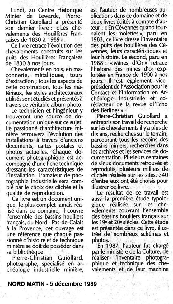 Note de lecture, les chevalements des houillères françaises - Nord Matin décembre 1989