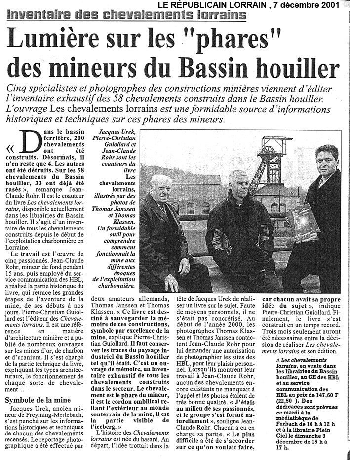 Note de lecture, les chevalements lorrains - Le Républicain lorrain - Décembre 2001