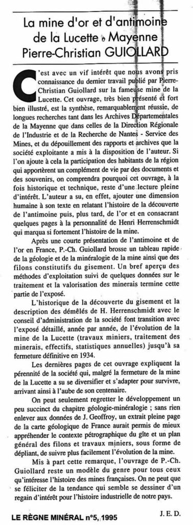 Note de lecture sur le livre la mine d'or et d'antimoine de la Lucette (Sarthe) - Le Règne Minéral n°5 1995