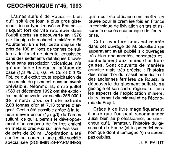 Note de lecture sur le livre les mines d'or et d'argent de Rouez (Sarthe) Géochronique n°46 1993