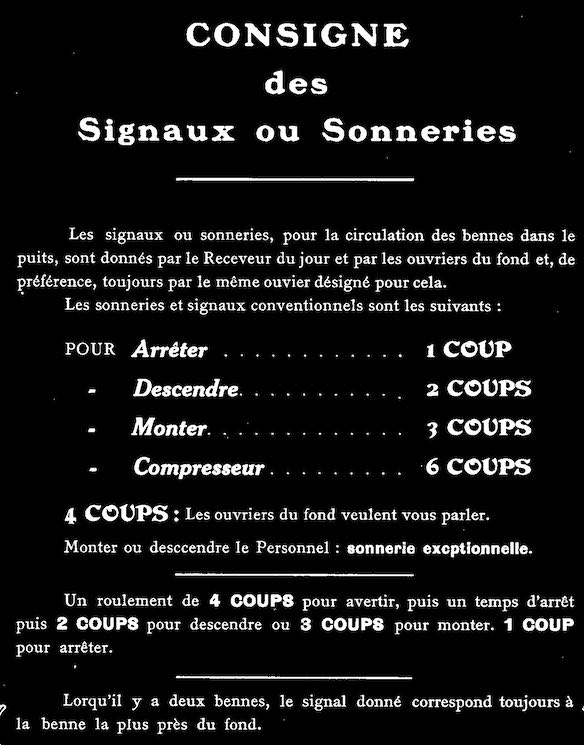 Consigne des signaux et sonneries de machine d'extraction. 