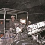 Buxières les Mines (Allier), mine de l'Aumance, jumbo de foration. ©PCG 1990